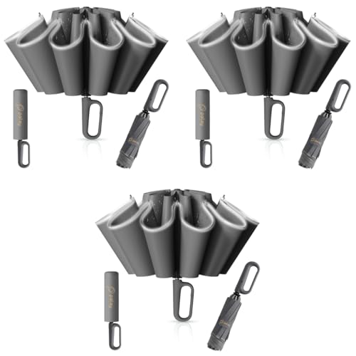 PALAY® Large Umbrella with Reflective Strip Auto 3-Fold Compact Travel Carabiner Handle Reinforced 10 Dual Ribs Sun Protection 99 UV Rain Windproof Men Women Grey 3PCS PALAY® Large Umbrella with Reflective Strip Auto 3-Fold Compact Travel Carabiner Handle Reinforced 10 Dual Ribs Sun Protection 99 UV Rain Windproof Men Women Grey 3PCS
